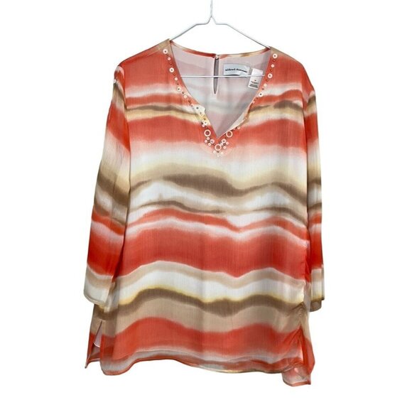 Alfred Dunner Top Women 16 Orange V Neck White Beaded Tropical Ombre Sheer Boho - Picture 1 of 12